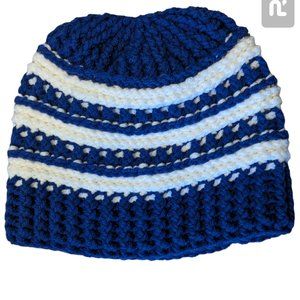 Hand Made Crochet Beanie Hat Blue and White Warm Stretch Unisex Adult One Size
